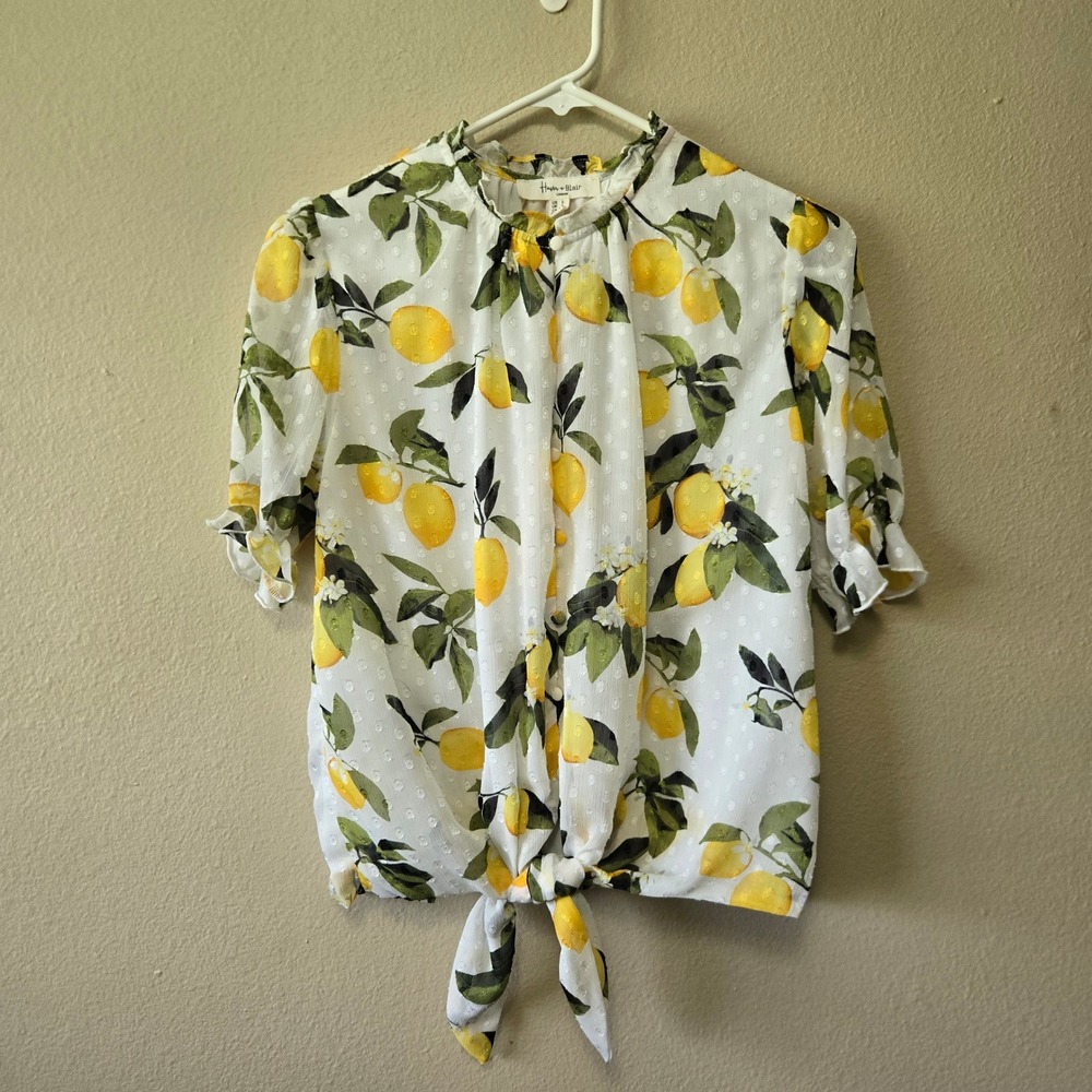 Haver & Blair London Lemon Print Clip Dot Tie Front Blouse White Yellow Large